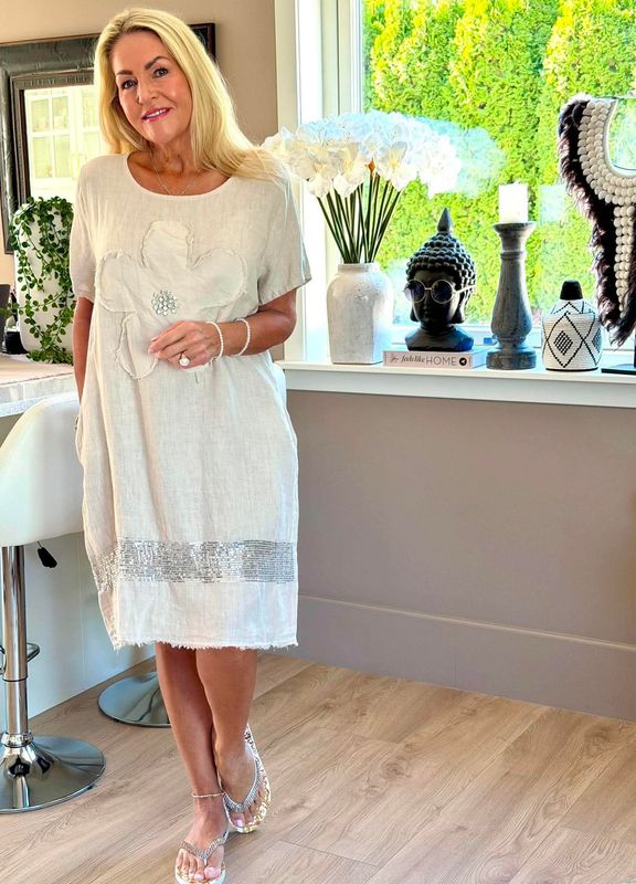 Flower Linen Sequin Dress